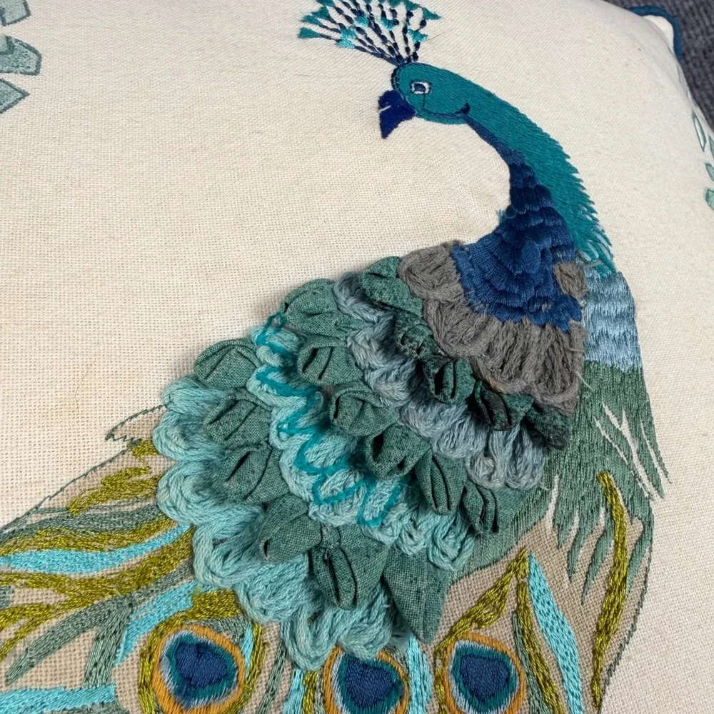 World Market Throw Pillow 18x18 Cotton Embroidered Peacock Dimensional Decor
